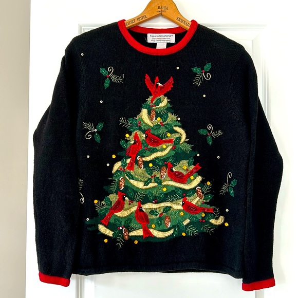 Beads Sequins Embroidery Cardinals Xmas Tree Ramie Cotton Sweater Tiara Int'l Lg - Picture 1 of 14